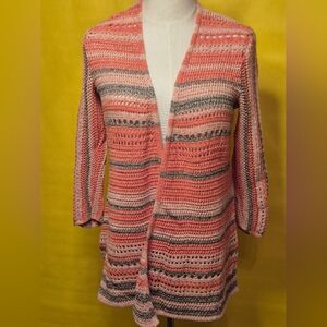 Source Unknown Coral and Gray Open-Front Striped Knit Cardigan